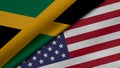 3D rendering of two flags of Jamaica and America together with fabric texture, bilateral relations, peace and conflict between